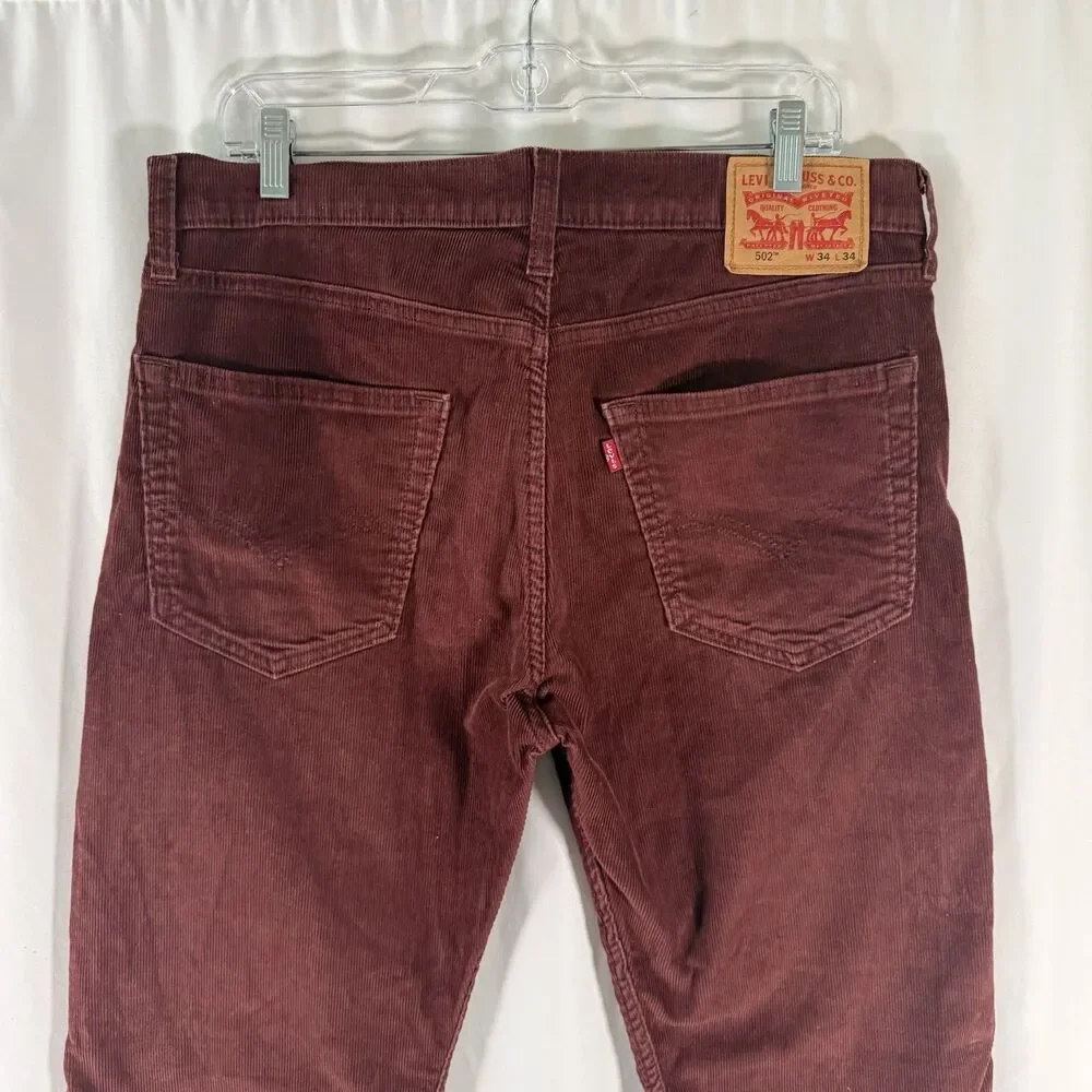 Levis 502 Corduroy Pants Men's 34x34 Red 5 Pocket Cotton Blend Button Zip